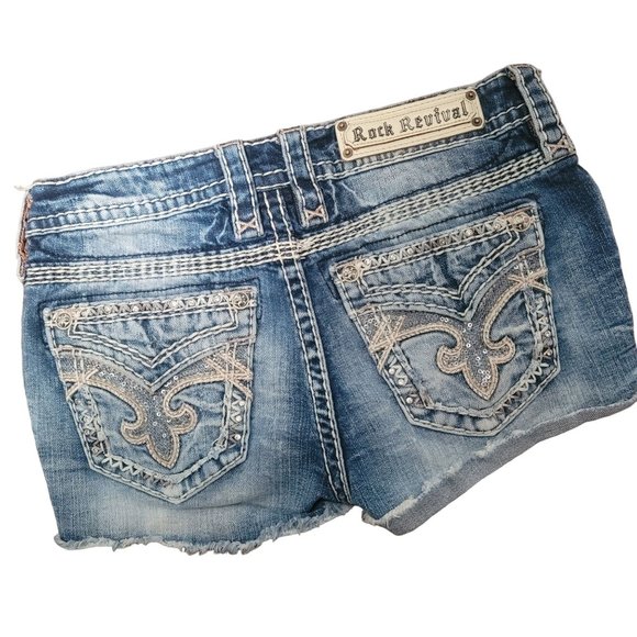 Rock Revival Pants - Rock Revival Womens Size 27 Faded Bling Western Cut Off Frayed Shorts Y2K
